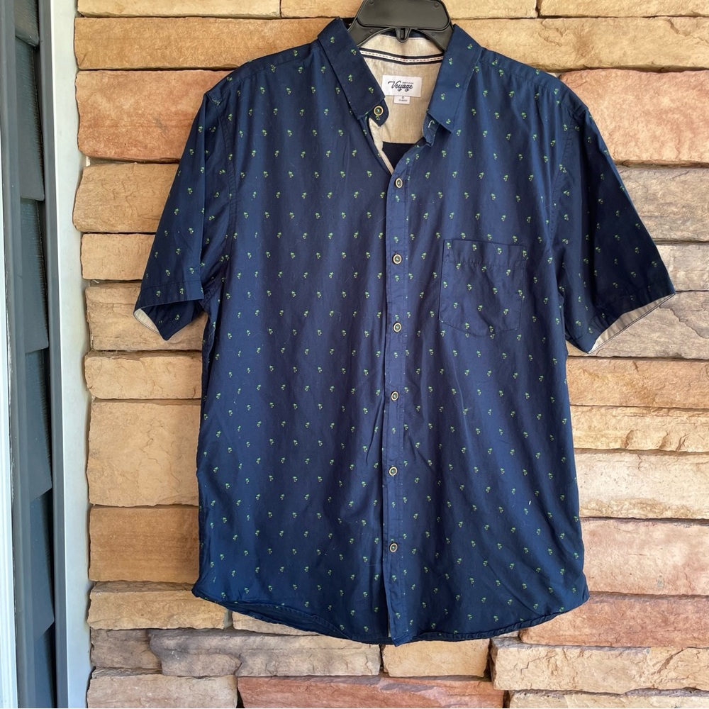 Craft + Flow Voyage navy blue palm tree short sleeve button up shirt XL EUC
